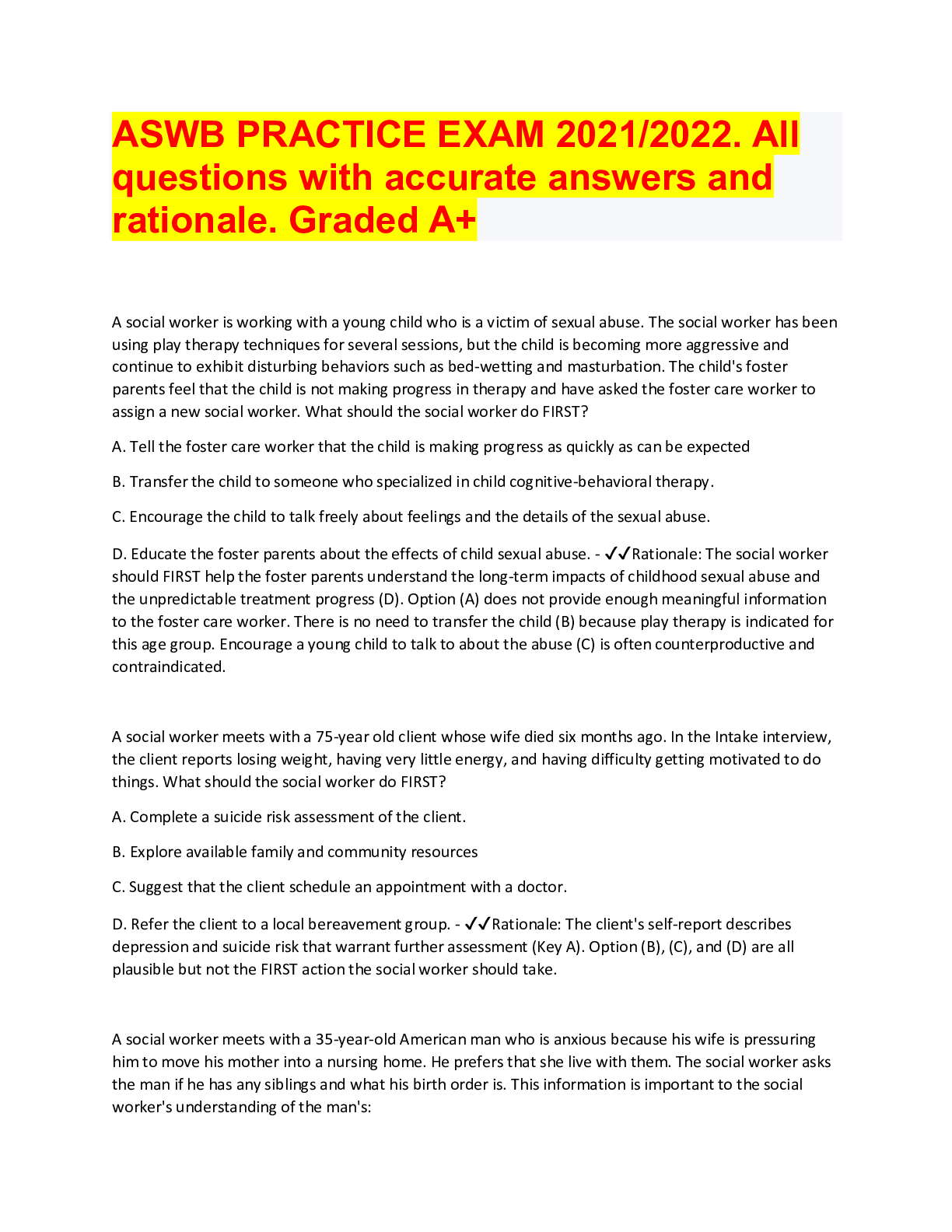 Preview image for ASWB PRACTICE EXAM | All questions with accurate answers and rationale. Graded A+